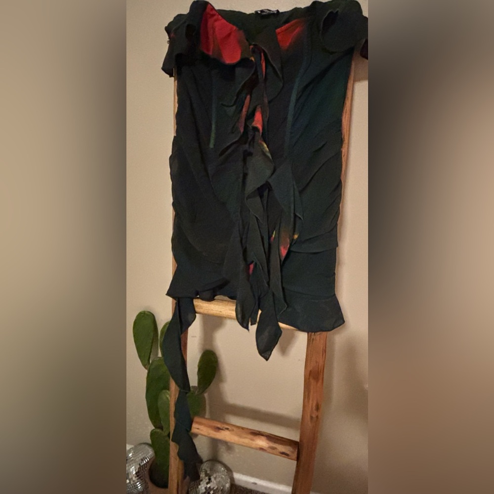 Forest green mini dress with streamer and ruffles